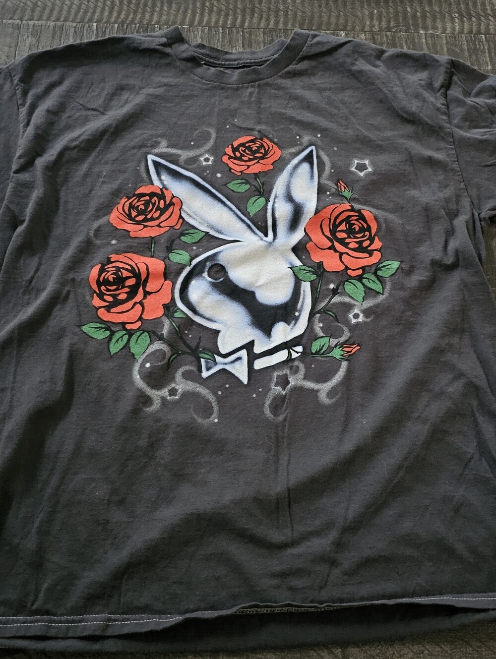 Playboy Bunny Shirt Gray Graphic Tee Red Roses Acid Wash Streetwear Y2K Size S/M